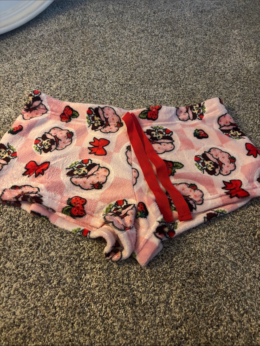 Pink Plush Strawberry Print Lounge Shorts with Red Drawstring